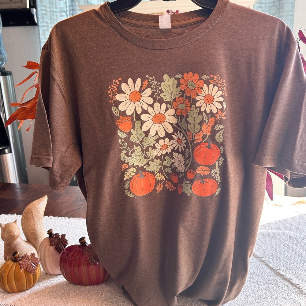 Brown T-Shirt with Floral and Pumpkin Design